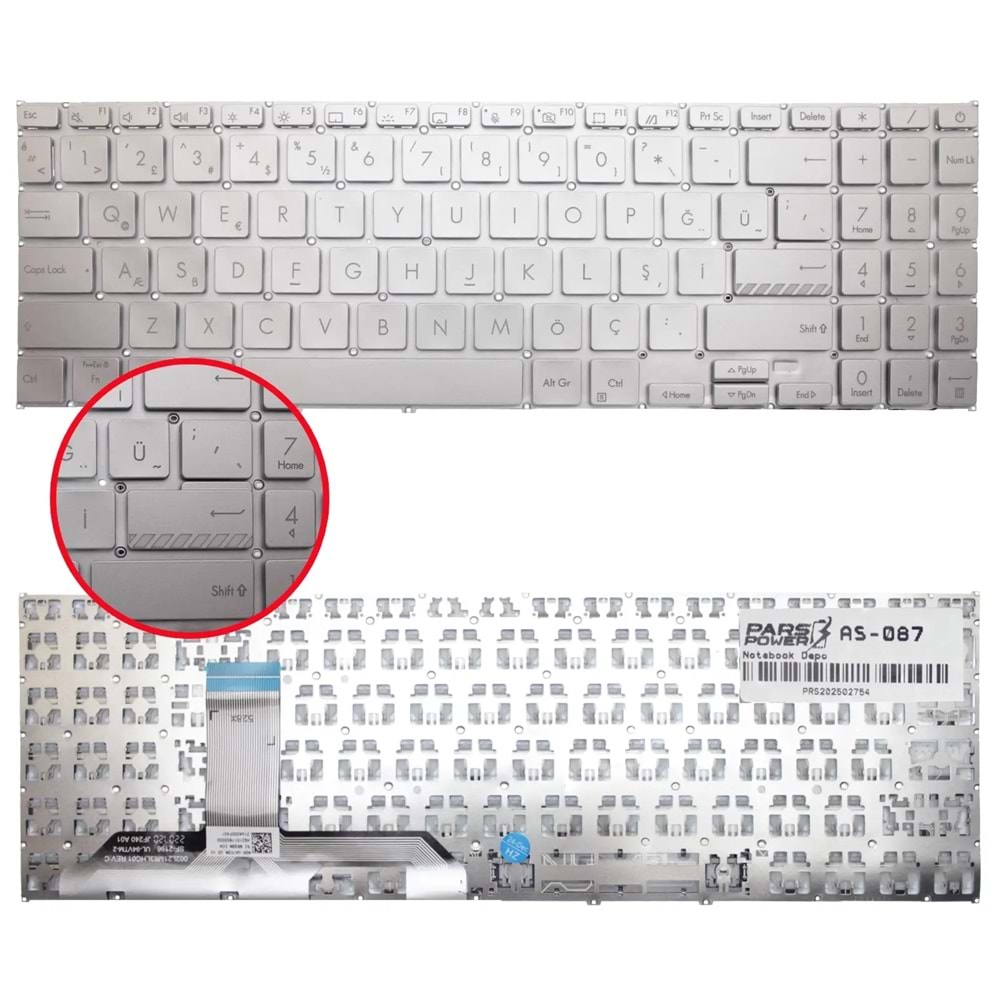 NOTEBOOK KLAVYE ASUS VIVOBOOK 15 X1504VA-NJ41 TURKCE GÜMÜŞ ÇERÇEVESİZ